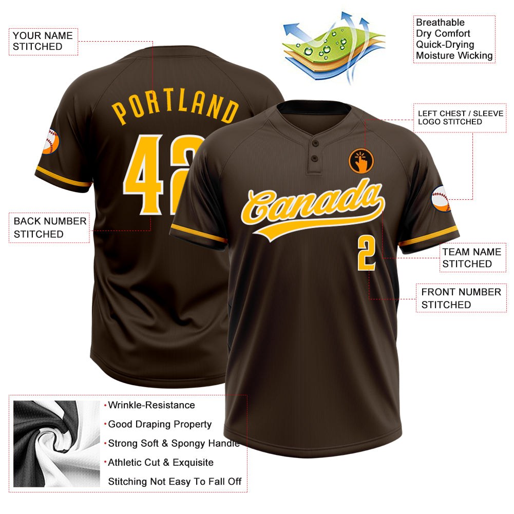 Custom Brown Gold-White Two-Button Unisex Softball Jersey photo 3