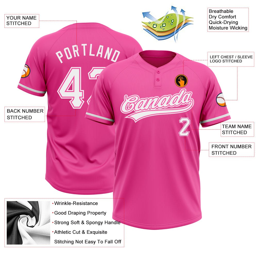 Custom Pink White Two-Button Unisex Softball Jersey photo 3