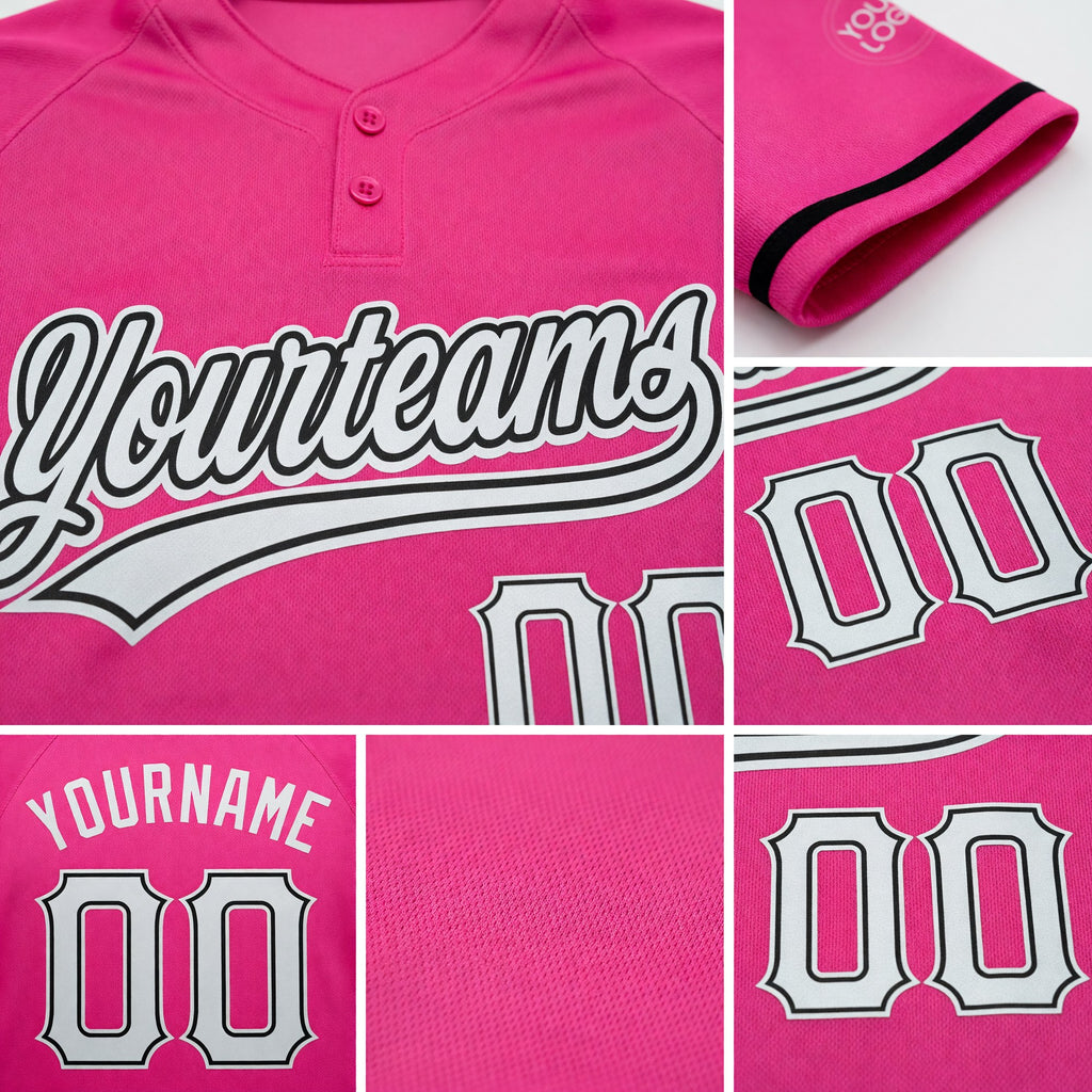Custom Pink White-Black Two-Button Unisex Softball Jersey detail