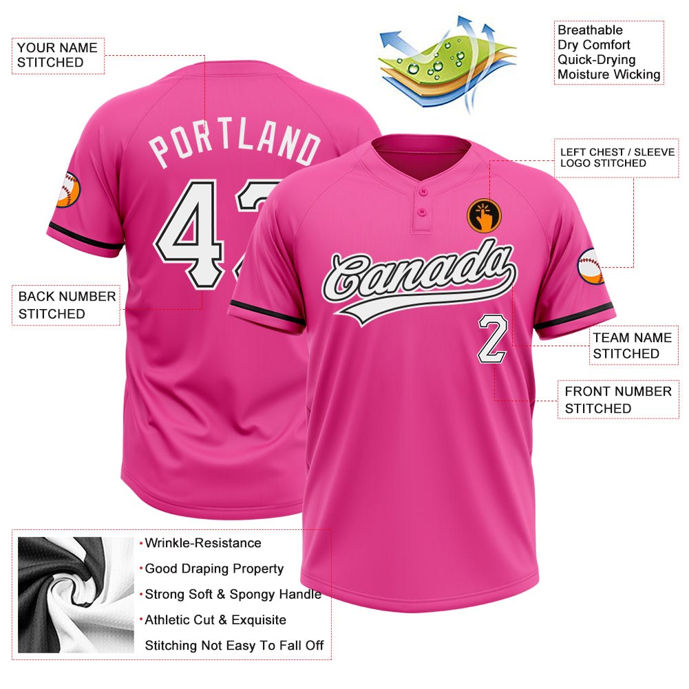 Custom Pink White-Black Two-Button Unisex Softball Jersey photo 3