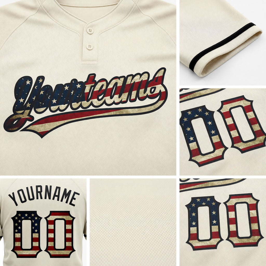 Custom Cream Vintage USA Flag-Black Two-Button Unisex Softball Jersey detail
