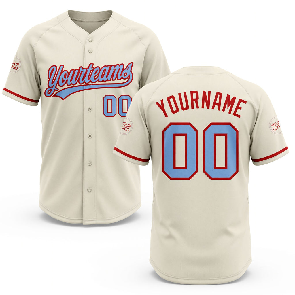 Custom Cream Light Blue-Red Two-Button Unisex Softball Jersey