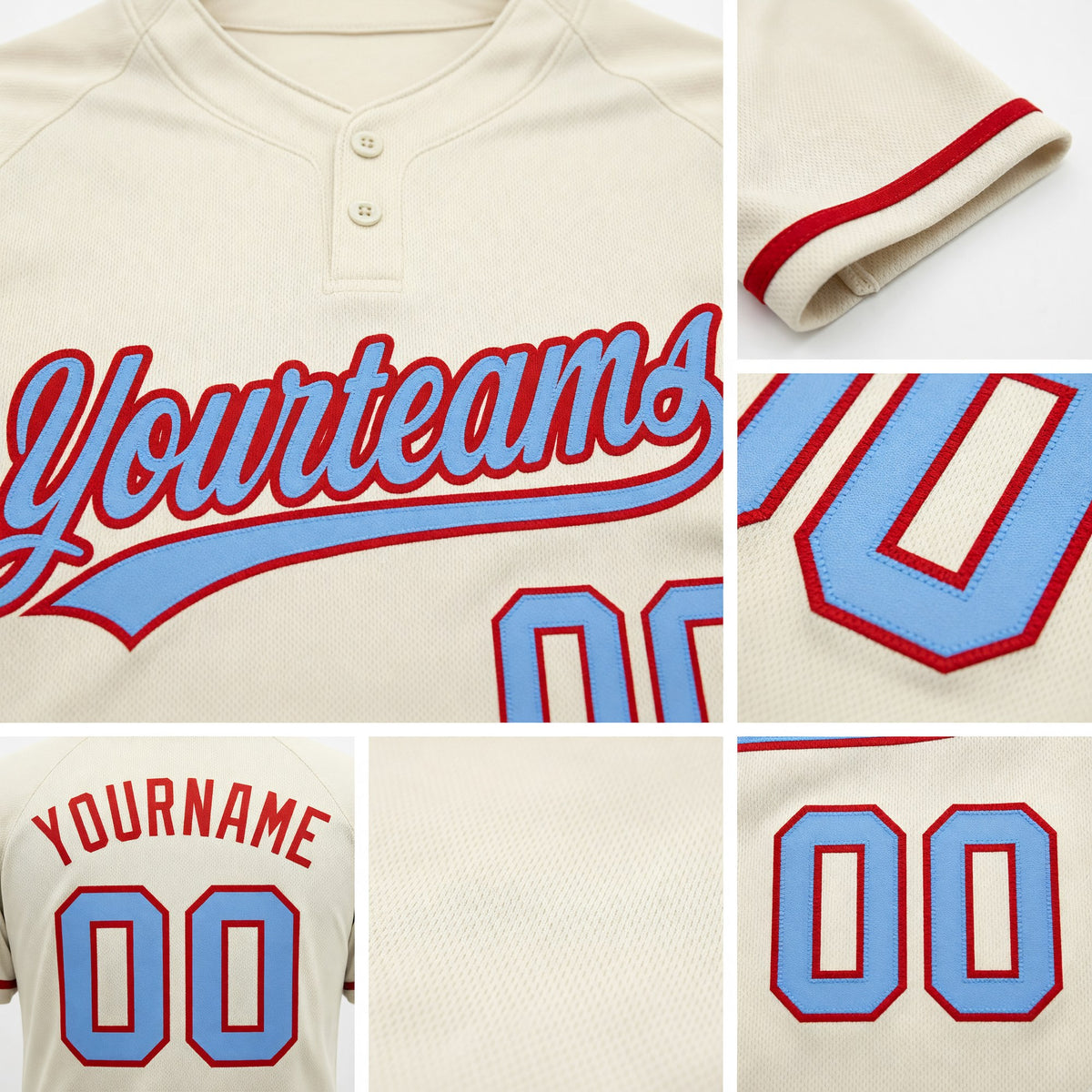 Custom Cream Light Blue-Red Two-Button Unisex Softball Jersey detail