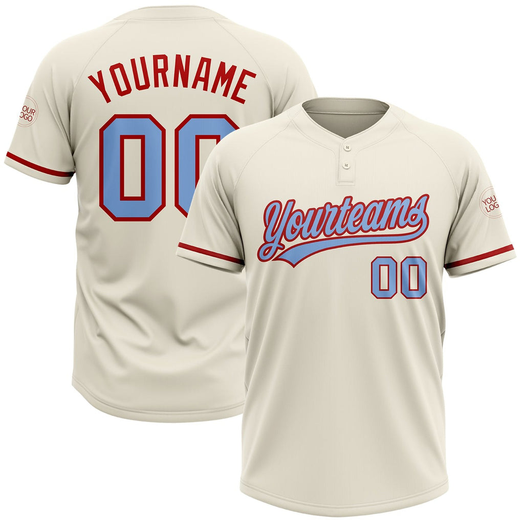 Custom Cream Light Blue-Red Two-Button Unisex Softball Jersey photo 1