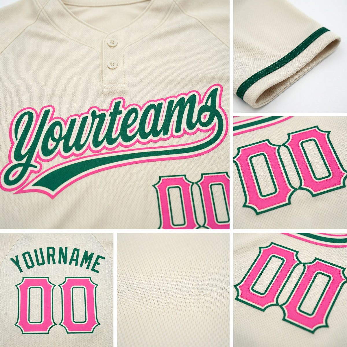 Custom Cream Pink-Kelly Green Two-Button Unisex Softball Jersey detail