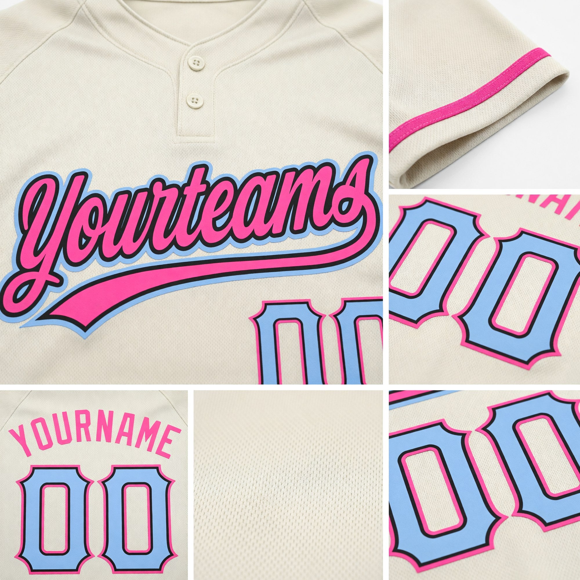 Custom Cream Light Blue Black-Pink Two-Button Unisex Softball Jersey detail