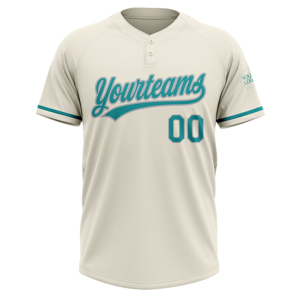 Custom Cream Teal-Gray Two-Button Unisex Softball Jersey photo 2