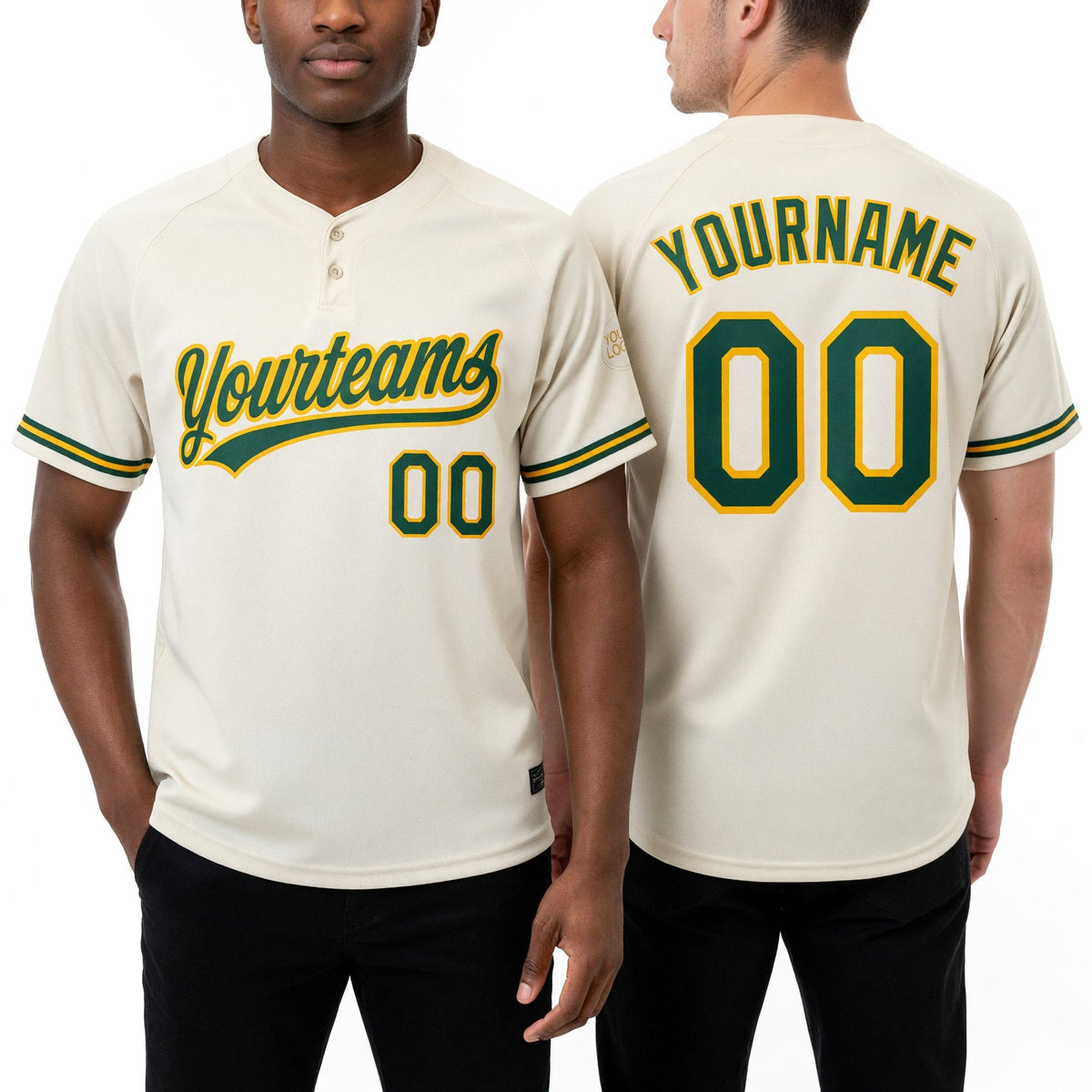 Custom Cream Green-Yellow Two-Button Unisex Softball Jersey worn front and back