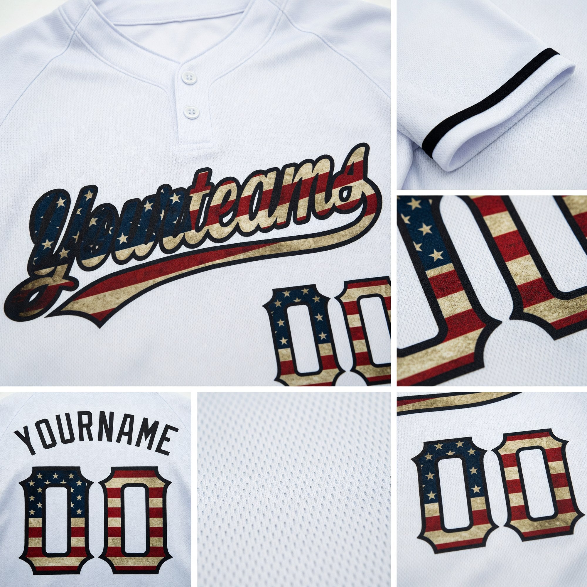 Custom White Vintage USA Flag-Black Two-Button Unisex Softball Jersey detail