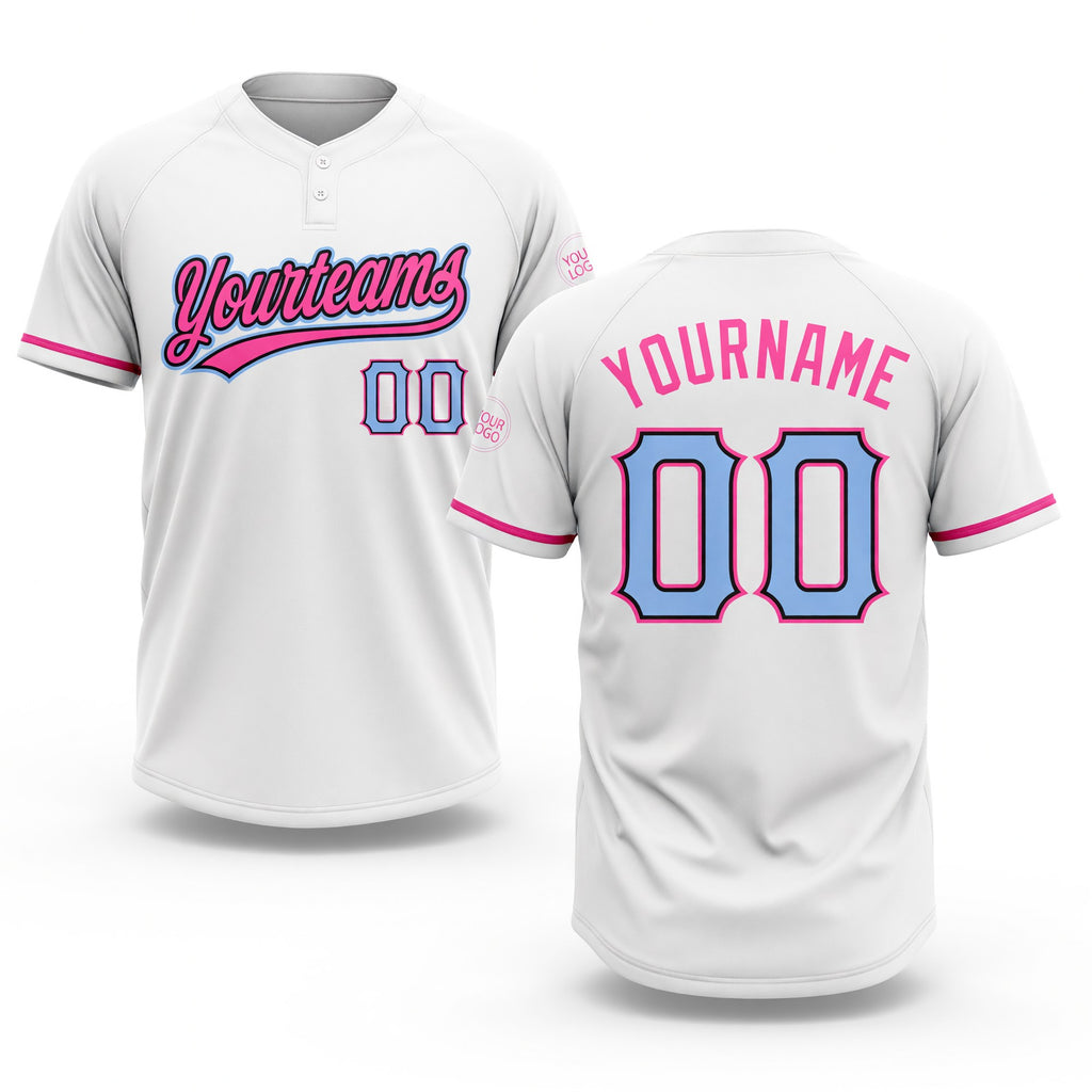 Custom White Light Blue Black-Pink Two-Button Unisex Softball Jersey