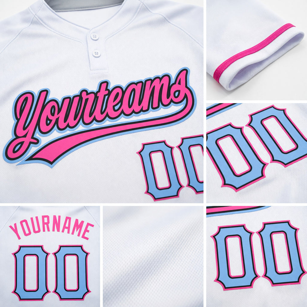 Custom White Light Blue Black-Pink Two-Button Unisex Softball Jersey detail