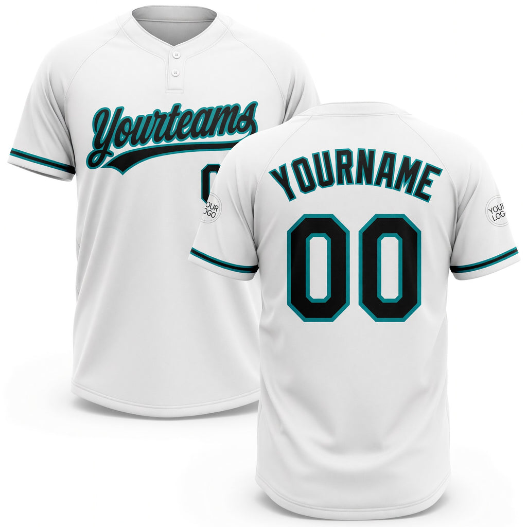 Custom White Black-Teal Two-Button Unisex Softball Jersey