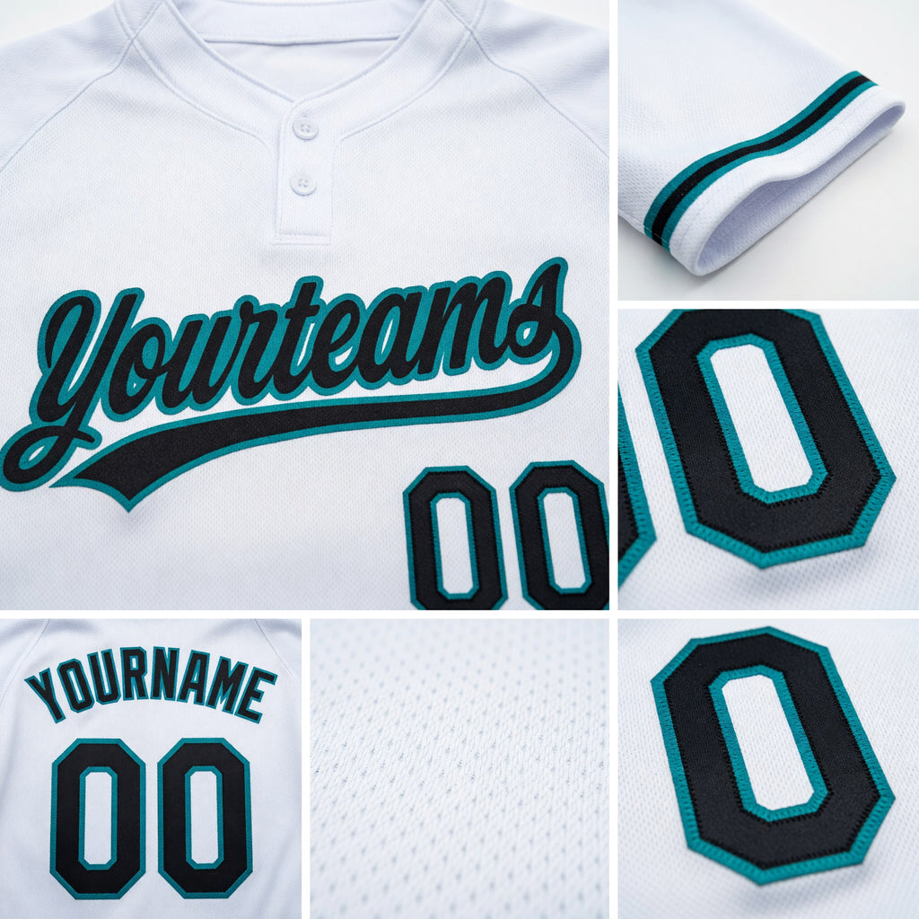 Custom White Black-Teal Two-Button Unisex Softball Jersey detail