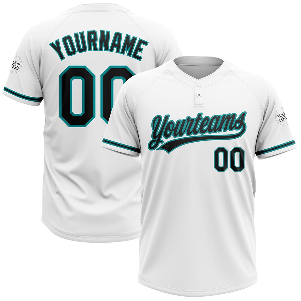 Custom White Black-Teal Two-Button Unisex Softball Jersey photo 1