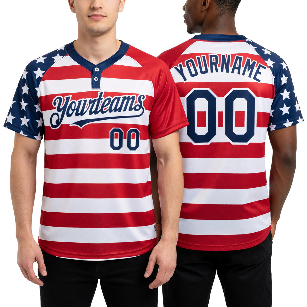 Custom White Navy-Red 3D American Flag Fashion Two-Button Unisex Softball Jersey worn front and back