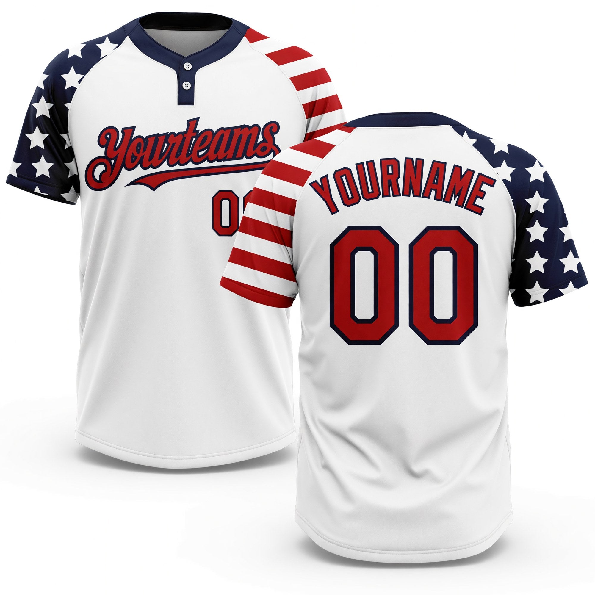 Custom White Red-Navy 3D American Flag Fashion Two-Button Unisex Softball Jersey