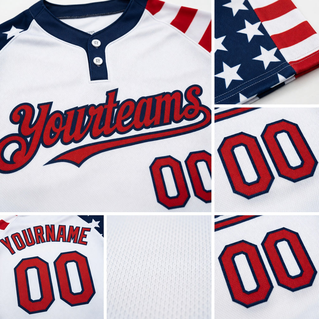 Custom White Red-Navy 3D American Flag Fashion Two-Button Unisex Softball Jersey detail