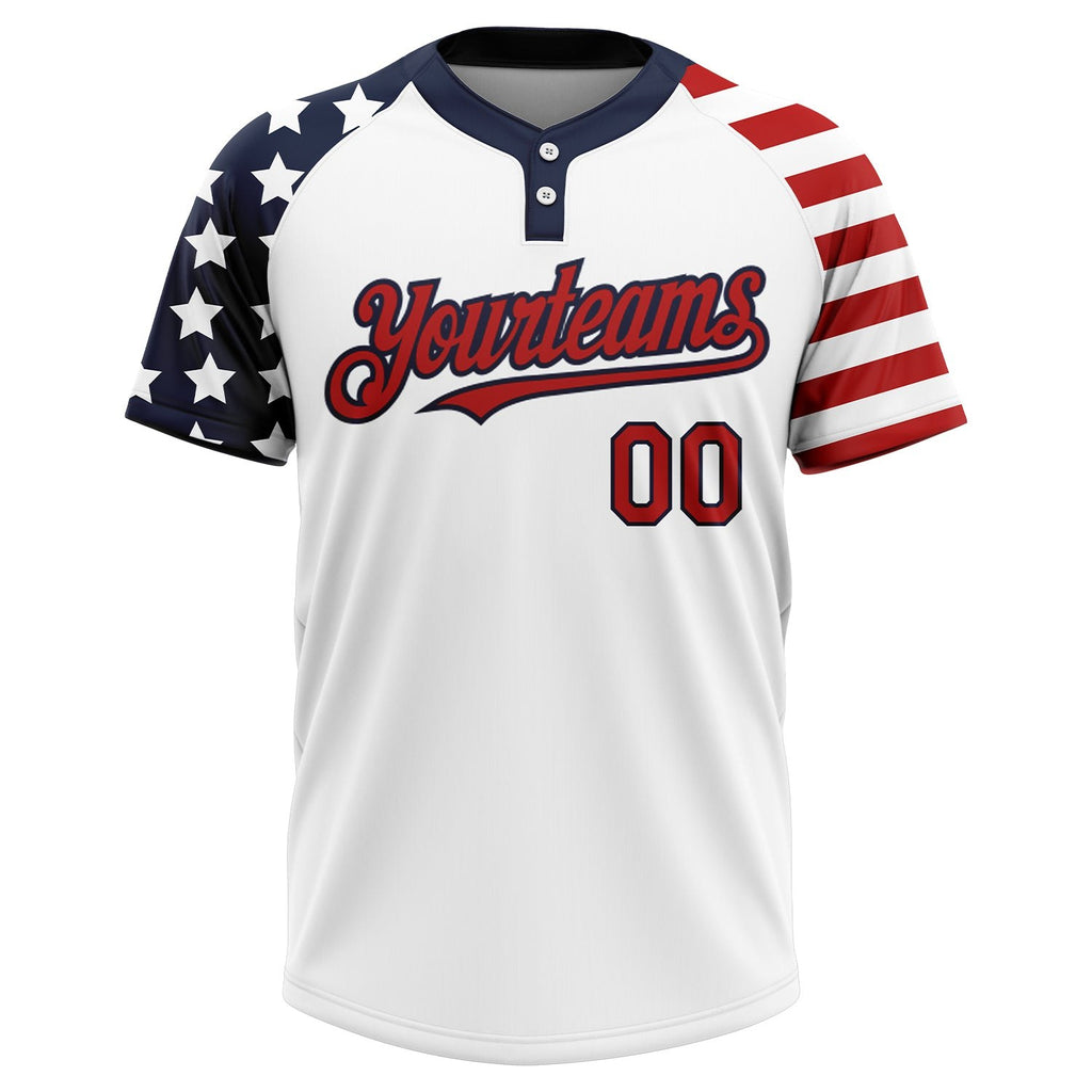 Custom White Red-Navy 3D American Flag Fashion Two-Button Unisex Softball Jersey photo 2