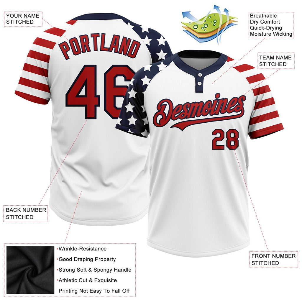 Custom White Red-Navy 3D American Flag Fashion Two-Button Unisex Softball Jersey photo 3