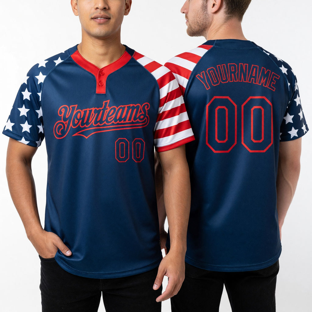Custom Navy Red-White 3D American Flag Fashion Two-Button Unisex Softball Jersey worn front and back