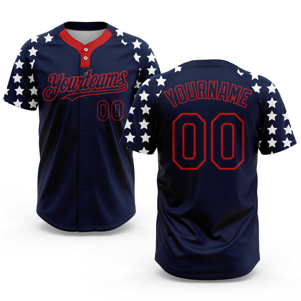 Custom Navy Red-White 3D American Flag Fashion Two-Button Unisex Softball Jersey
