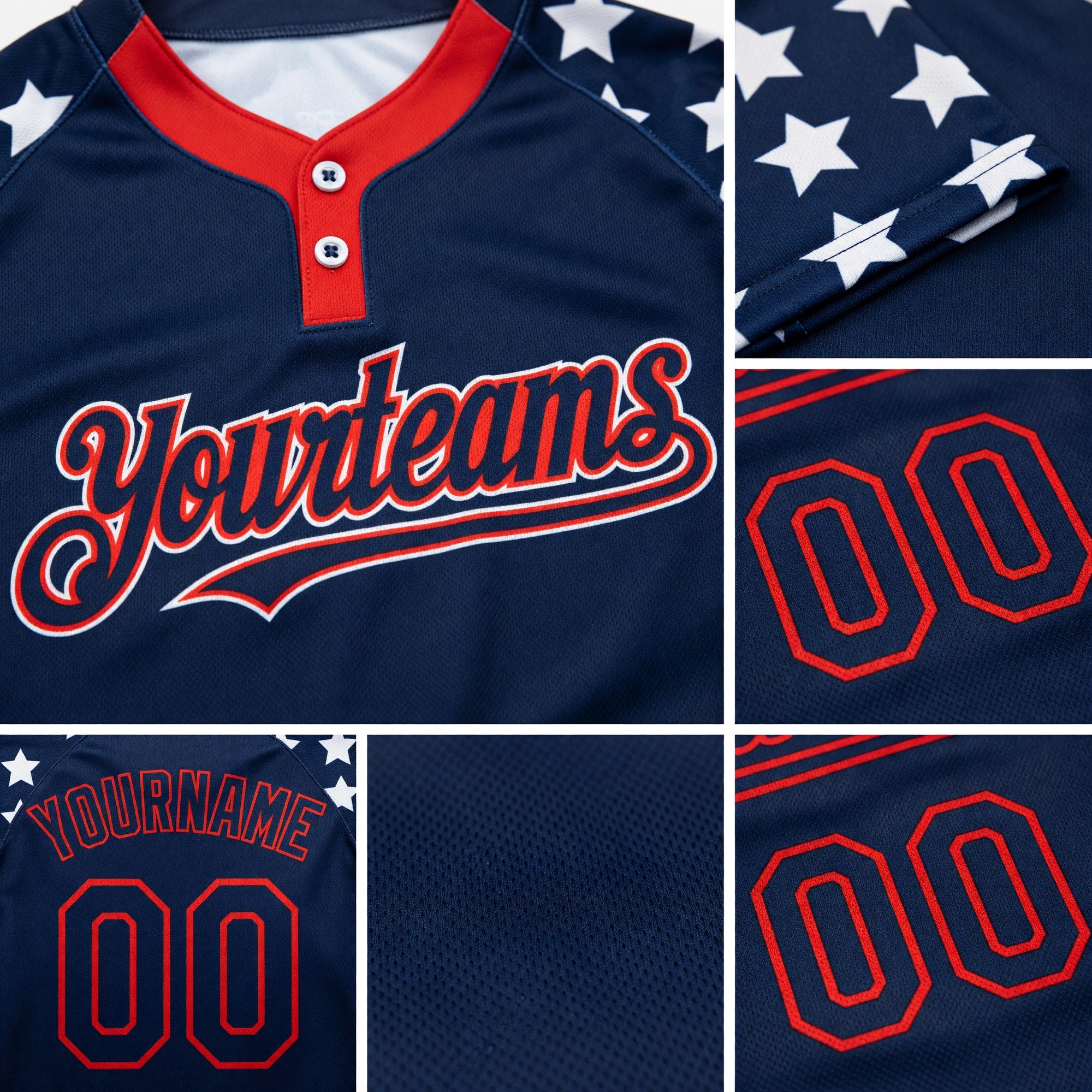 Custom Navy Red-White 3D American Flag Fashion Two-Button Unisex Softball Jersey detail