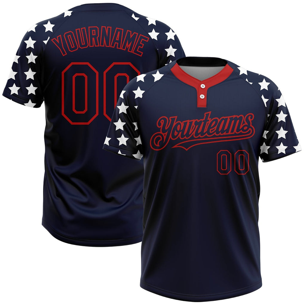 Custom Navy Red-White 3D American Flag Fashion Two-Button Unisex Softball Jersey photo 1