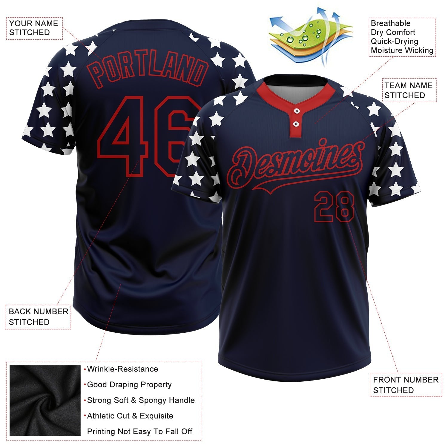 Custom Navy Red-White 3D American Flag Fashion Two-Button Unisex Softball Jersey photo 3