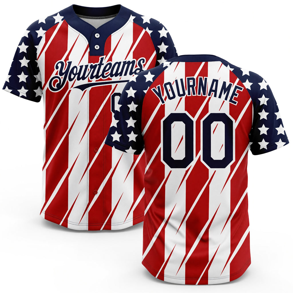 Custom Red Navy-White 3D American Flag Fashion Two-Button Unisex Softball Jersey