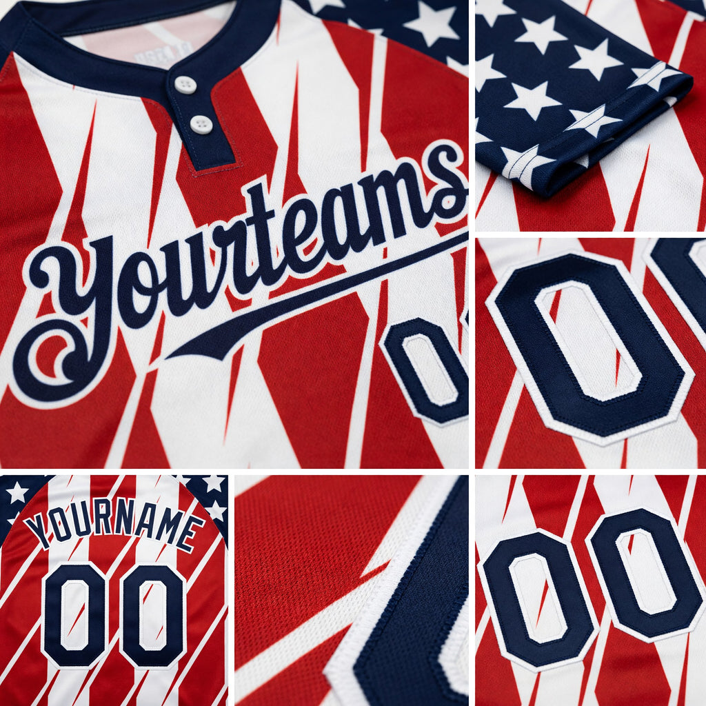 Custom Red Navy-White 3D American Flag Fashion Two-Button Unisex Softball Jersey detail