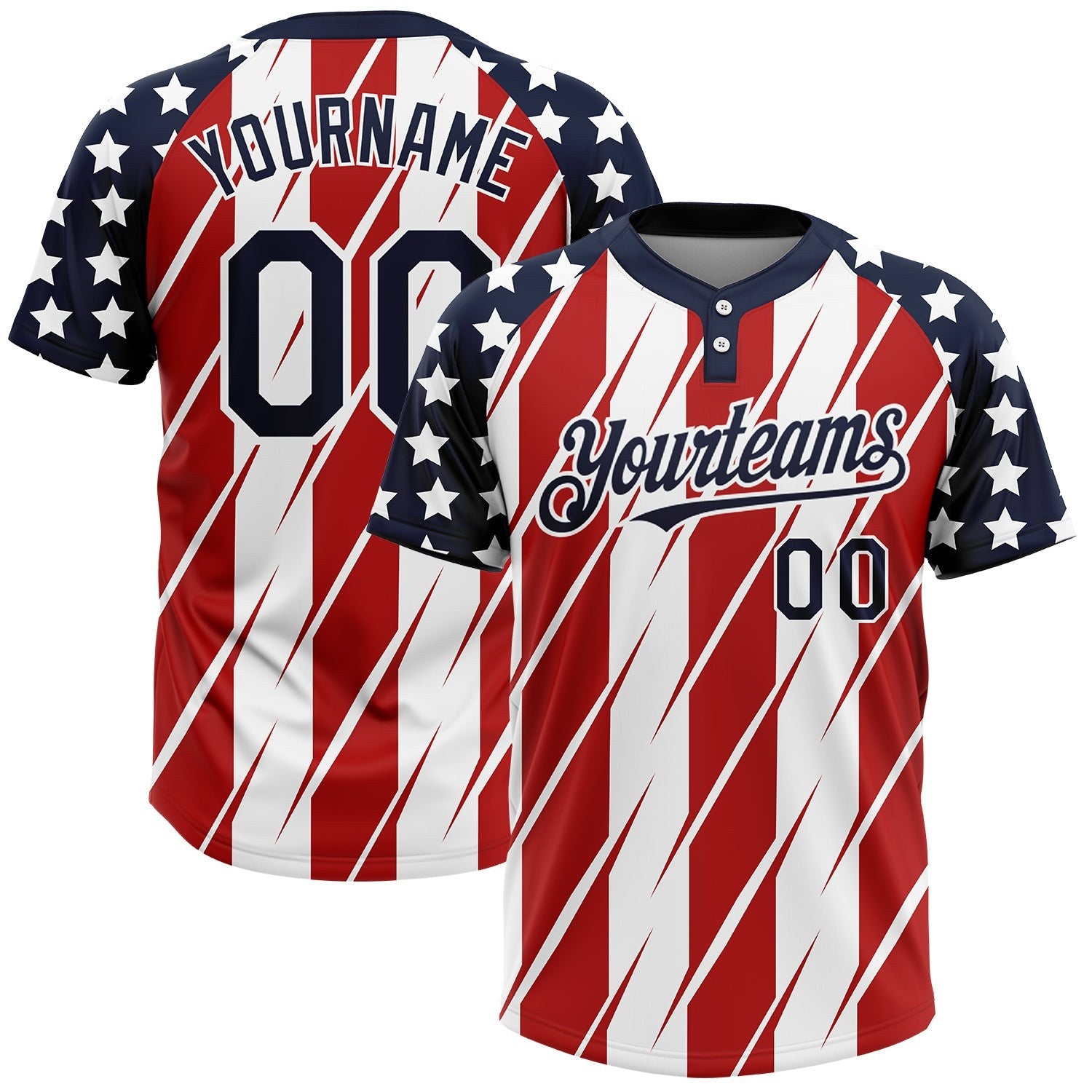 Custom Red Navy-White 3D American Flag Fashion Two-Button Unisex Softball Jersey photo 1