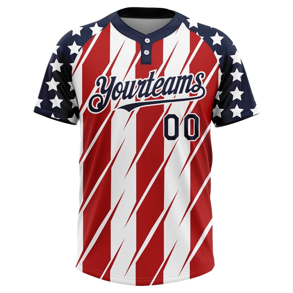 Custom Red Navy-White 3D American Flag Fashion Two-Button Unisex Softball Jersey photo 2