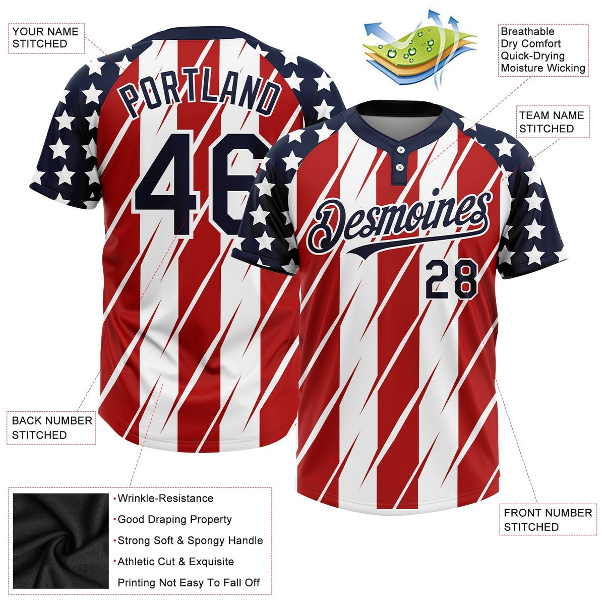 Custom Red Navy-White 3D American Flag Fashion Two-Button Unisex Softball Jersey photo 3