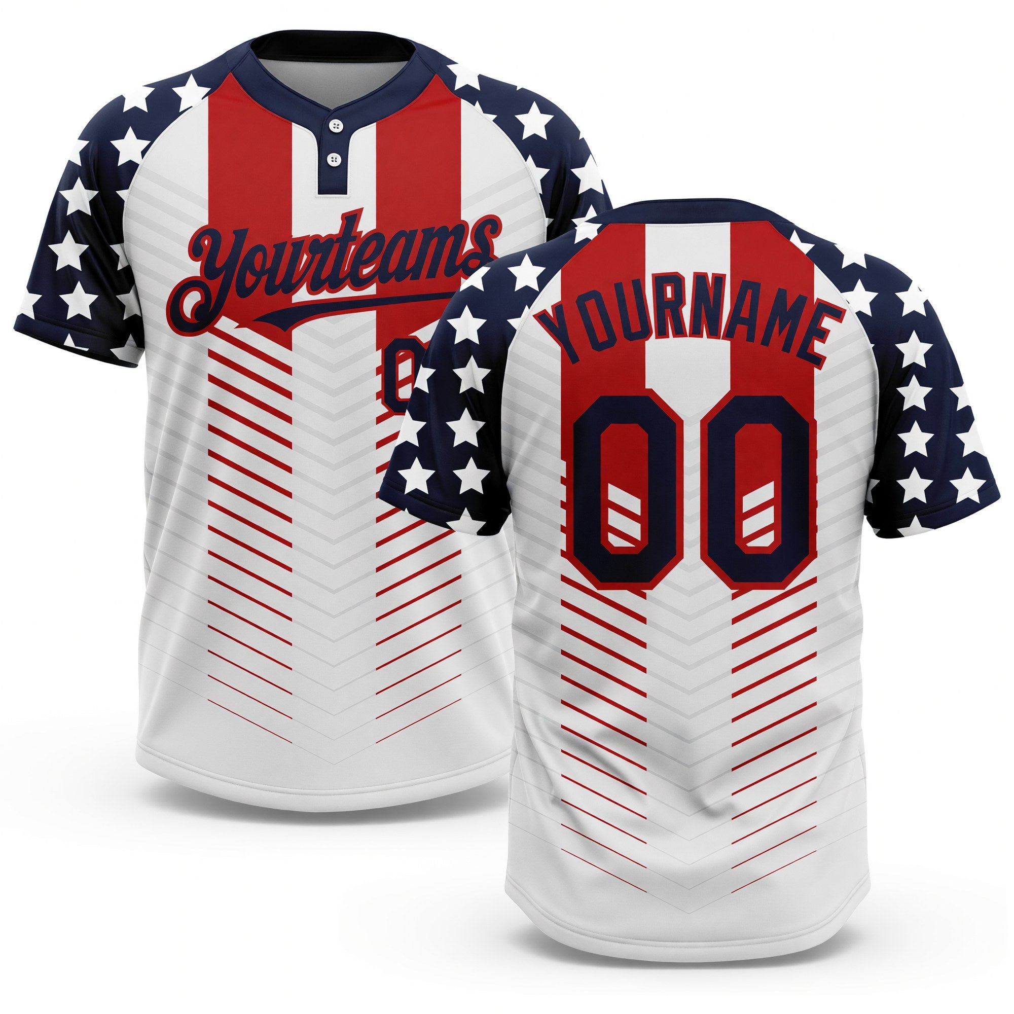 Custom White Navy-Red 3D American Flag Fashion Two-Button Unisex Softball Jersey