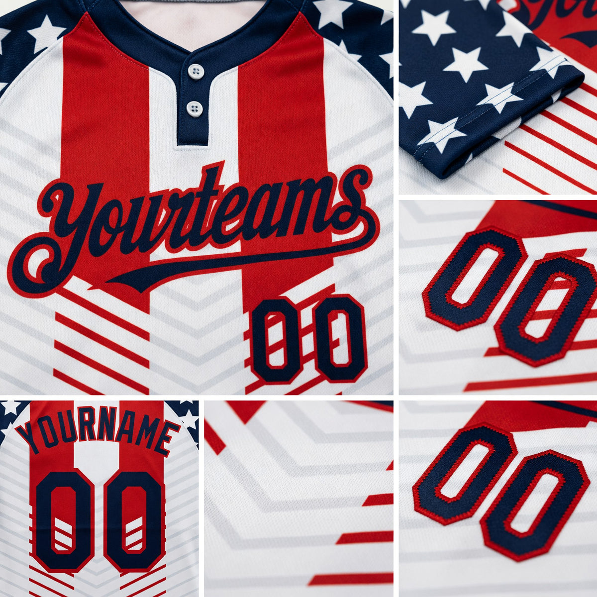 Custom White Navy-Red 3D American Flag Fashion Two-Button Unisex Softball Jersey detail
