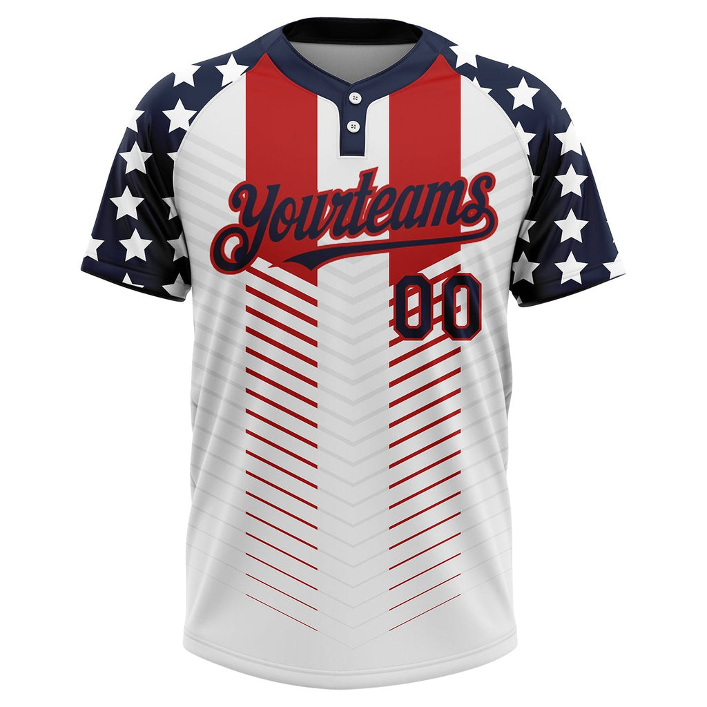 Custom White Navy-Red 3D American Flag Fashion Two-Button Unisex Softball Jersey photo 2