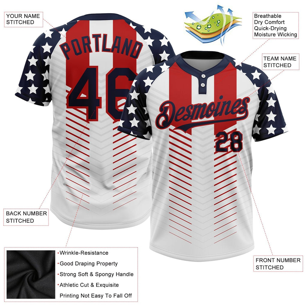 Custom White Navy-Red 3D American Flag Fashion Two-Button Unisex Softball Jersey photo 3