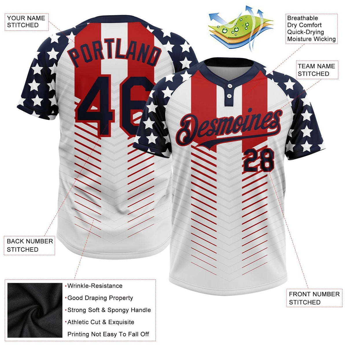 Custom White Navy-Red 3D American Flag Fashion Two-Button Unisex Softball Jersey photo 3