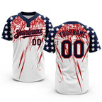 Custom White Navy-Red 3D American Flag Scratch Brush Stroke Star Raglan Sleeves Two-Button Unisex Softball Jersey