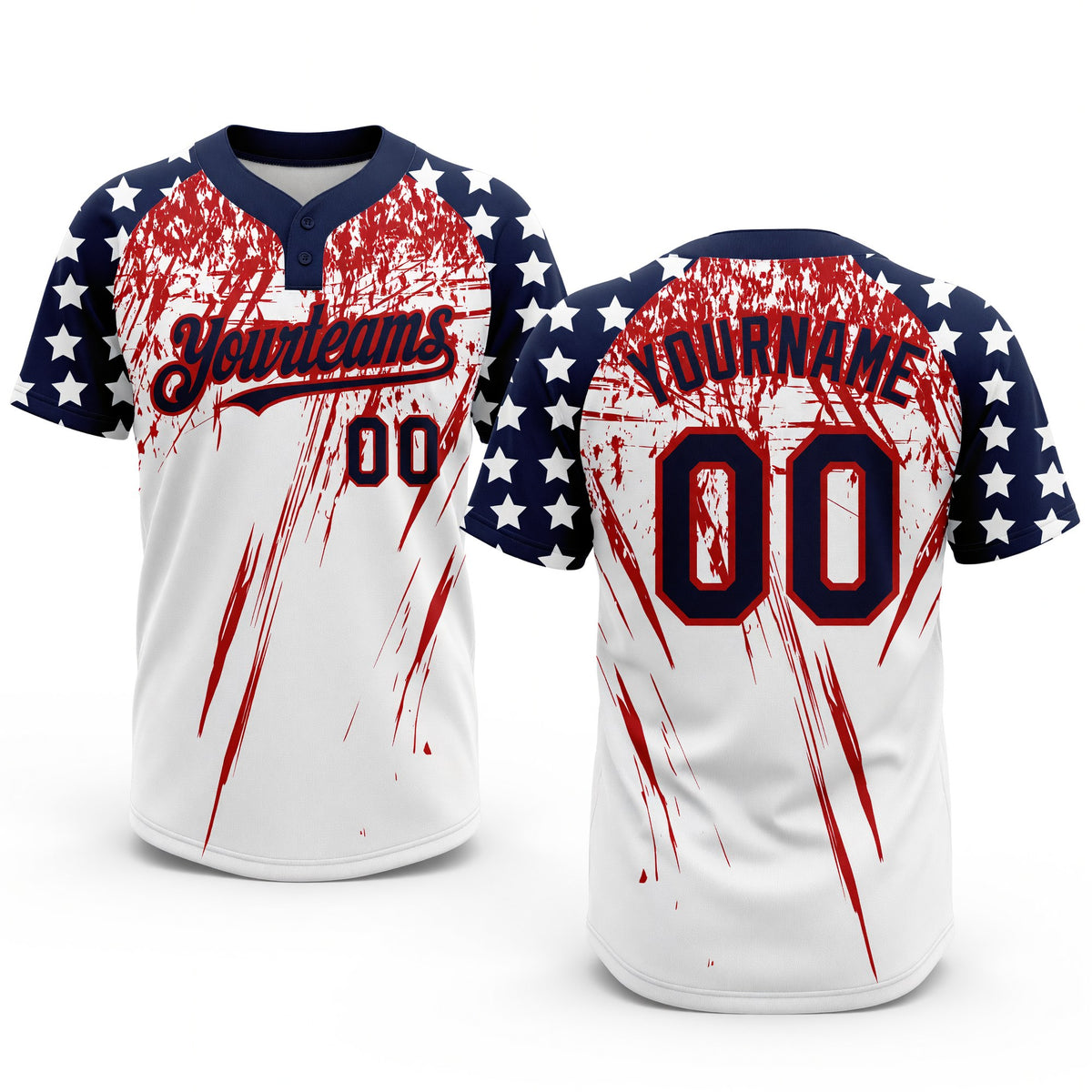 Custom White Navy-Red 3D American Flag Scratch Brush Stroke Star Raglan Sleeves Two-Button Unisex Softball Jersey