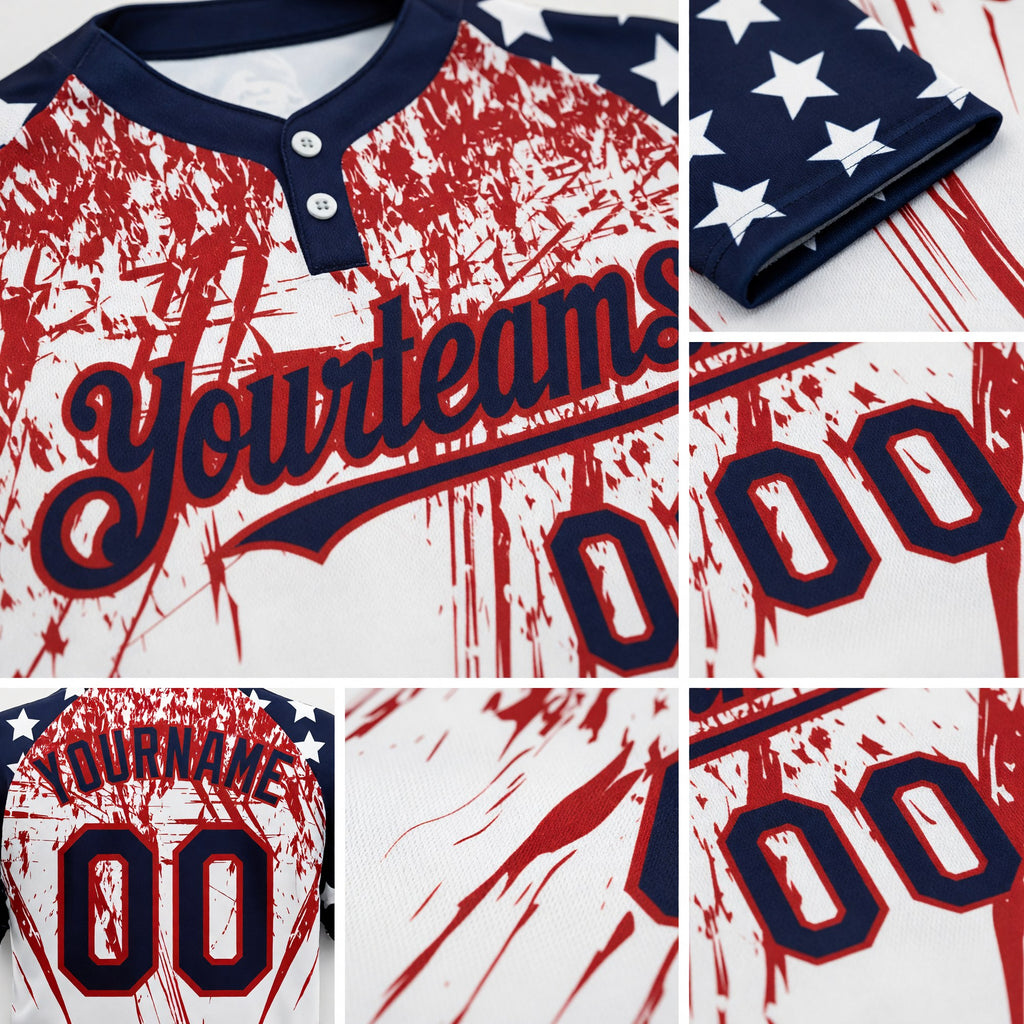 Custom White Navy-Red 3D American Flag Scratch Brush Stroke Star Raglan Sleeves Two-Button Unisex Softball Jersey detail