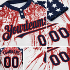 Custom White Navy-Red 3D American Flag Scratch Brush Stroke Star Raglan Sleeves Two-Button Unisex Softball Jersey detail
