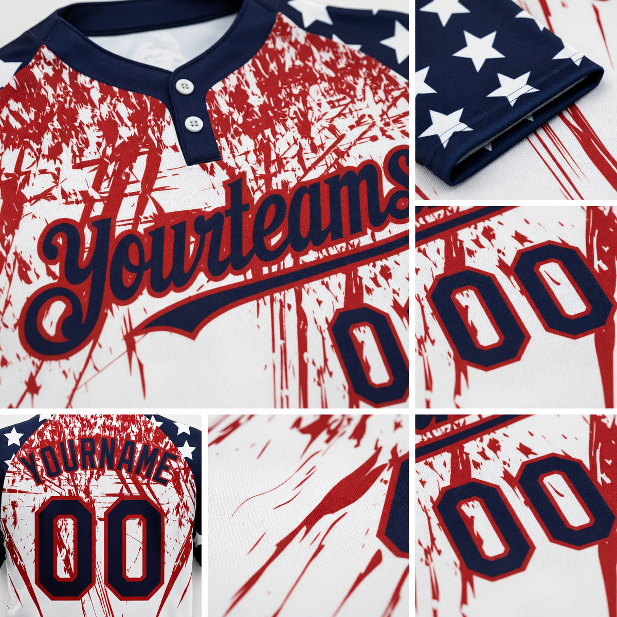 Custom White Navy-Red 3D American Flag Scratch Brush Stroke Star Raglan Sleeves Two-Button Unisex Softball Jersey detail
