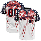 Custom White Navy-Red 3D American Flag Scratch Brush Stroke Star Raglan Sleeves Two-Button Unisex Softball Jersey photo 1