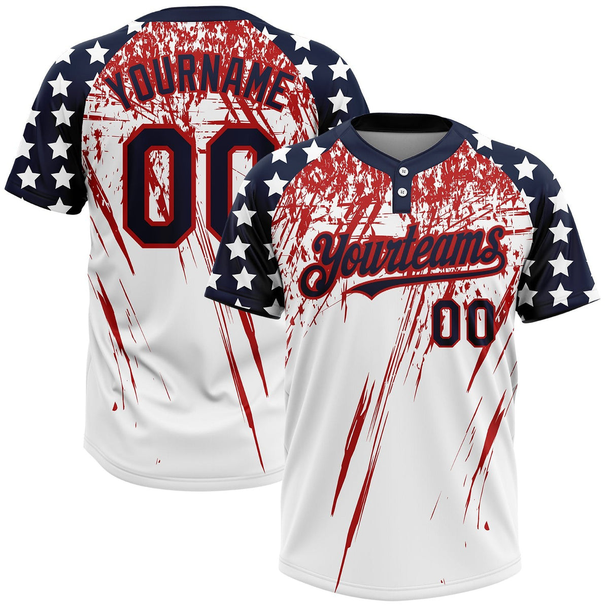 Custom White Navy-Red 3D American Flag Scratch Brush Stroke Star Raglan Sleeves Two-Button Unisex Softball Jersey photo 1