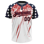 Custom White Navy-Red 3D American Flag Scratch Brush Stroke Star Raglan Sleeves Two-Button Unisex Softball Jersey photo 2