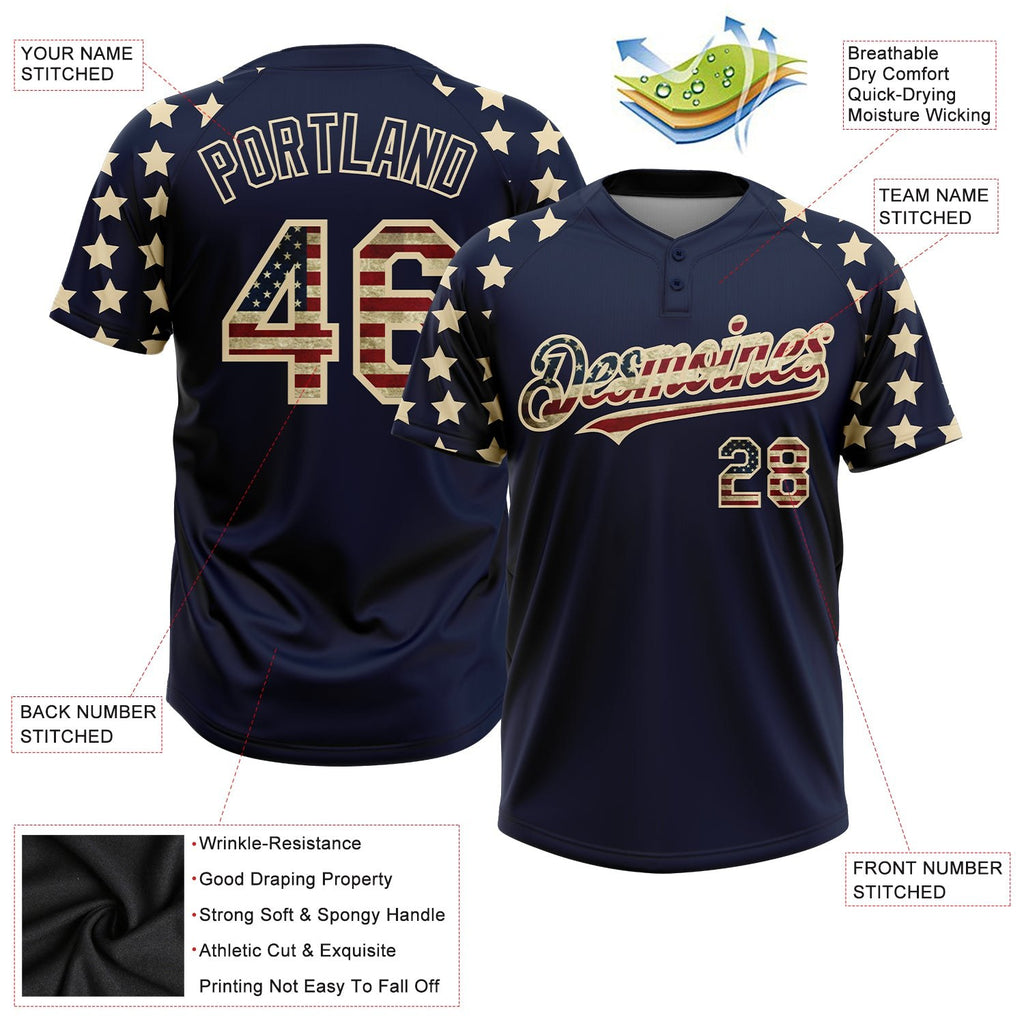 Custom Navy Vintage USA Flag-Cream 3D American Flag Fashion Two-Button Unisex Softball Jersey photo 4