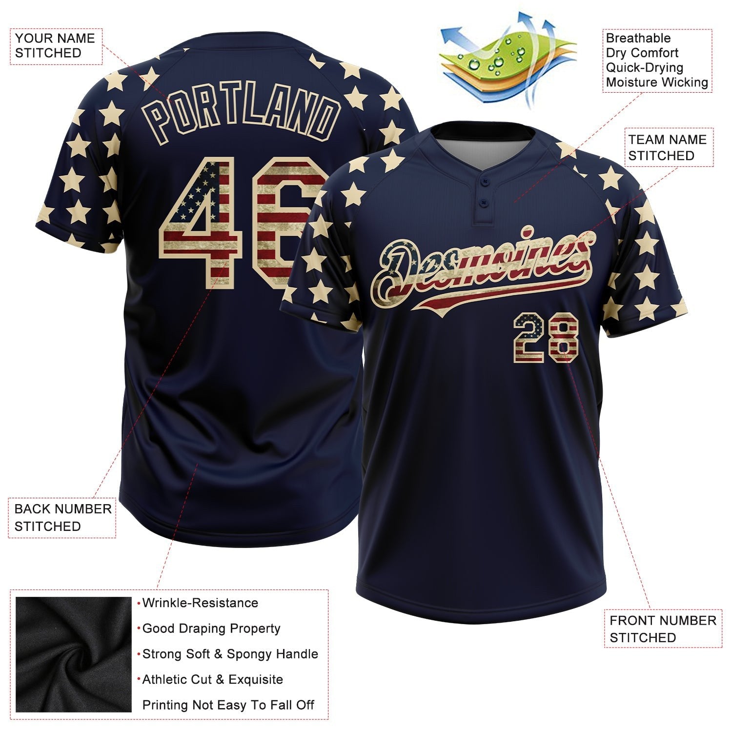Custom Navy Vintage USA Flag-Cream 3D American Flag Fashion Two-Button Unisex Softball Jersey photo 4