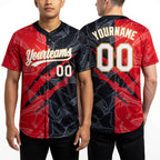 Custom Graffiti Pattern Black Red-Old Gold 3D Two-Button Unisex Softball Jersey worn front and back