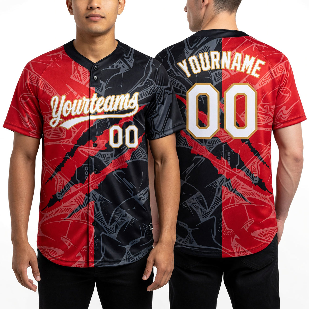 Custom Graffiti Pattern Black Red-Old Gold 3D Two-Button Unisex Softball Jersey worn front and back